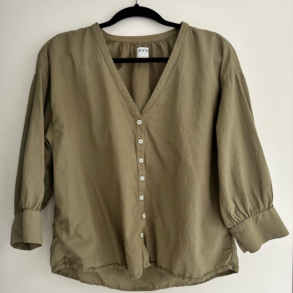 Esby Apparel Lauren 100% Cotton Green Button Down Balloon Sleeve Flowy Top Small